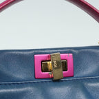 FENDI Mini Peek A Boo Hand Bag Leather 2way Blue Gold86182