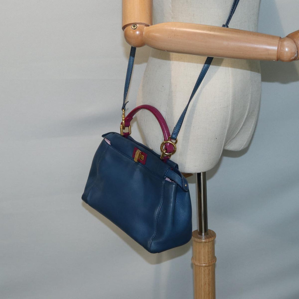 FENDI Mini Peek A Boo Hand Bag Leather 2way Blue Gold86182