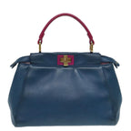 FENDI Mini Peek A Boo Hand Bag Leather 2way Blue Gold86182