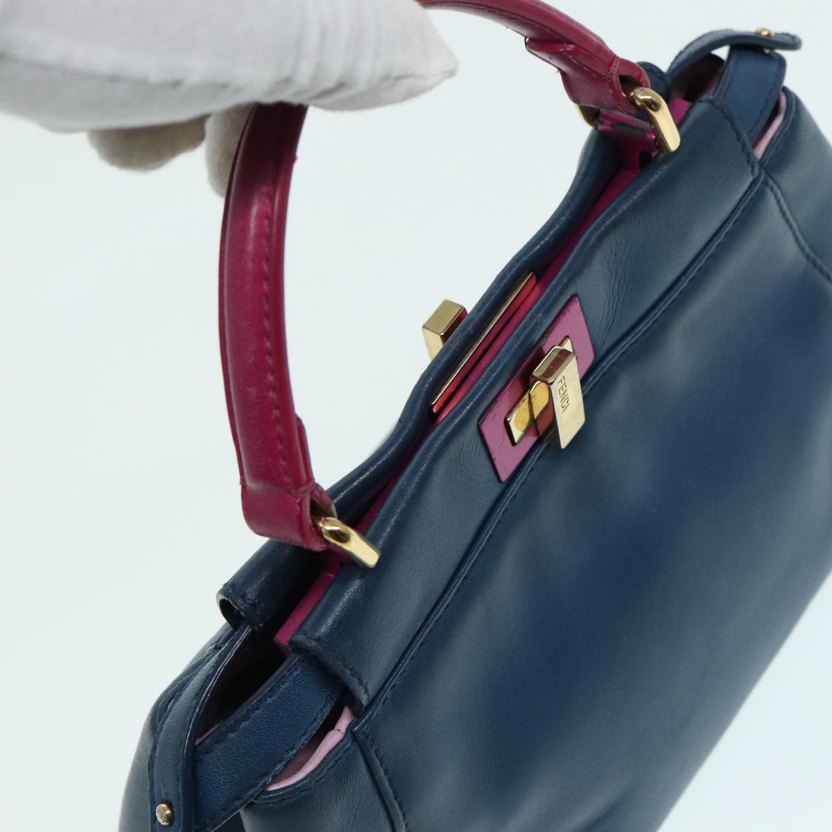 FENDI Mini Peek A Boo Hand Bag Leather 2way Blue Gold86182