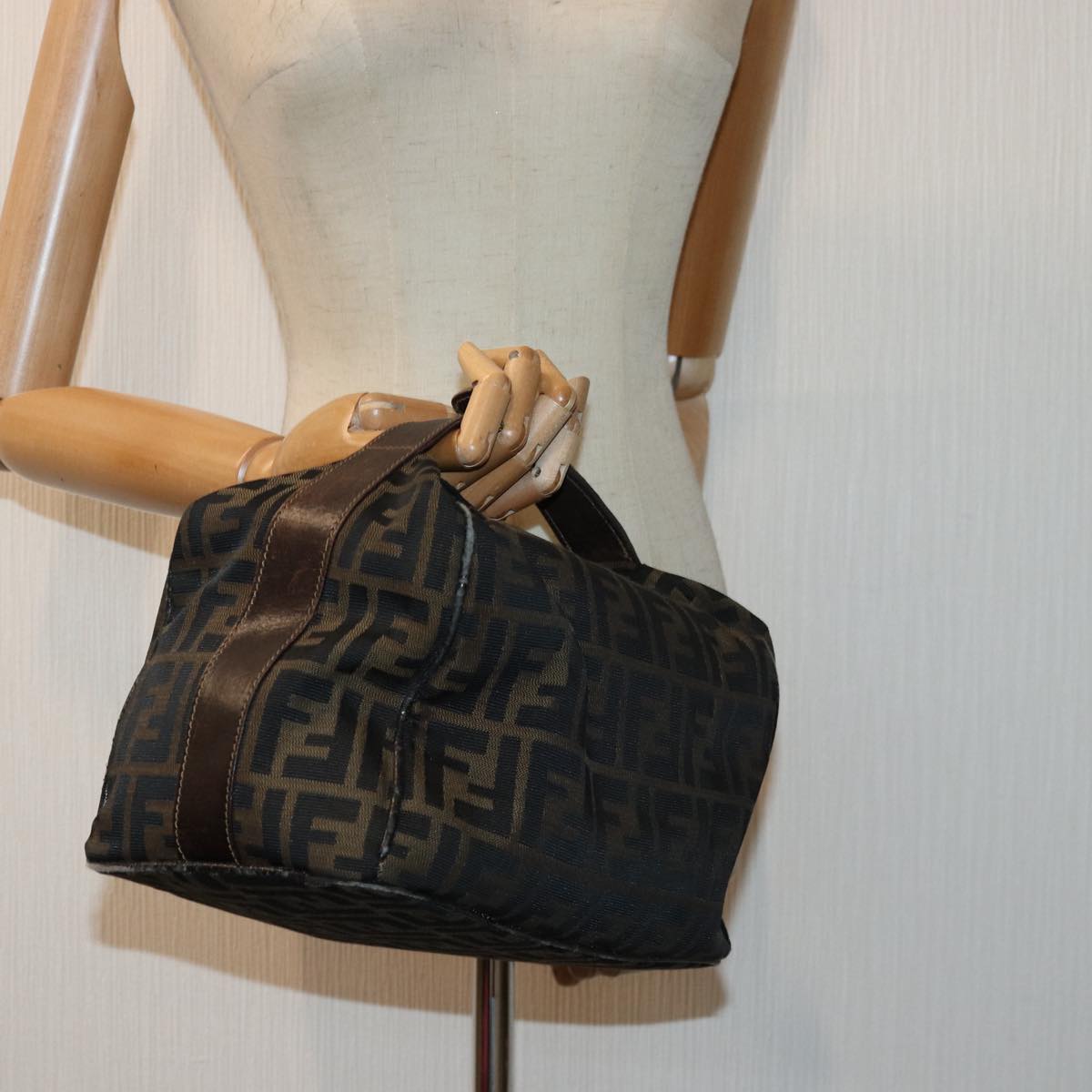 FENDI Zucca Canvas Vanity Pouch Brown Black gold86247