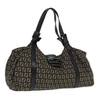 FENDI Zucchino Canvas Mamma Shoulder Bag Brown Black Silver86710