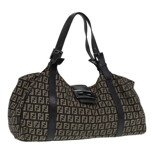 FENDI Zucchino Canvas Mamma Shoulder Bag Brown Black Silver86710