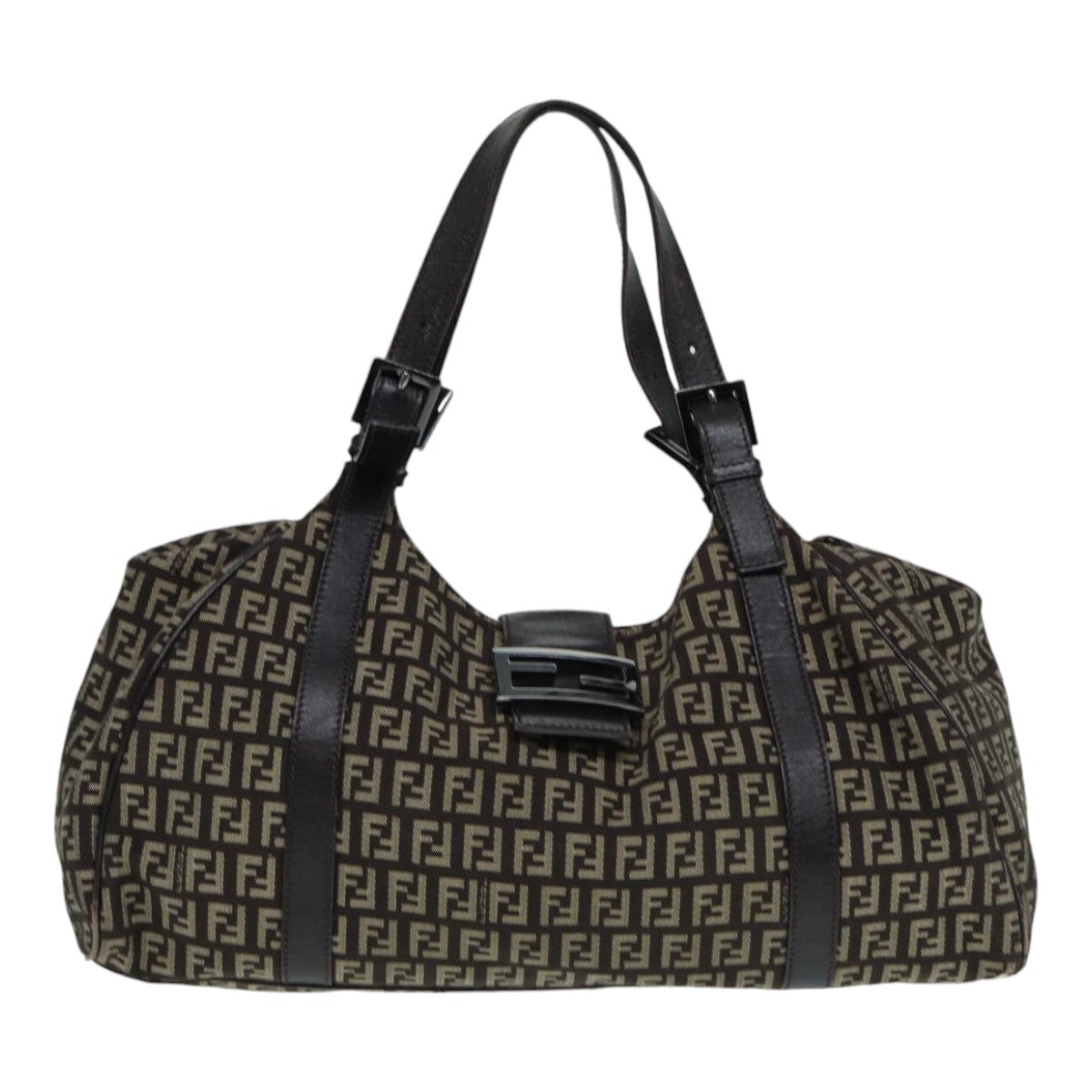 FENDI Zucchino Canvas Mamma Shoulder Bag Brown Black Silver86710