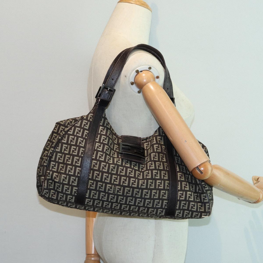 FENDI Zucchino Canvas Mamma Shoulder Bag Brown Black Silver86710