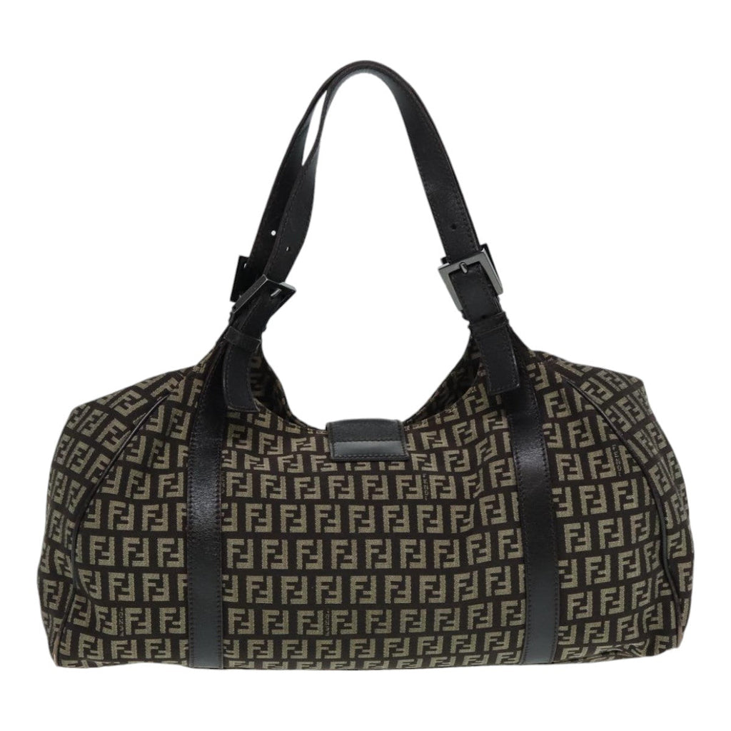 FENDI Zucchino Canvas Mamma Shoulder Bag Brown Black Silver86710