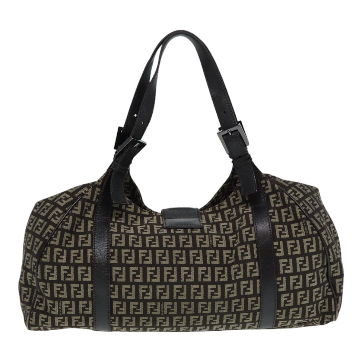 FENDI Zucchino Canvas Mamma Shoulder Bag Brown Black Silver86710