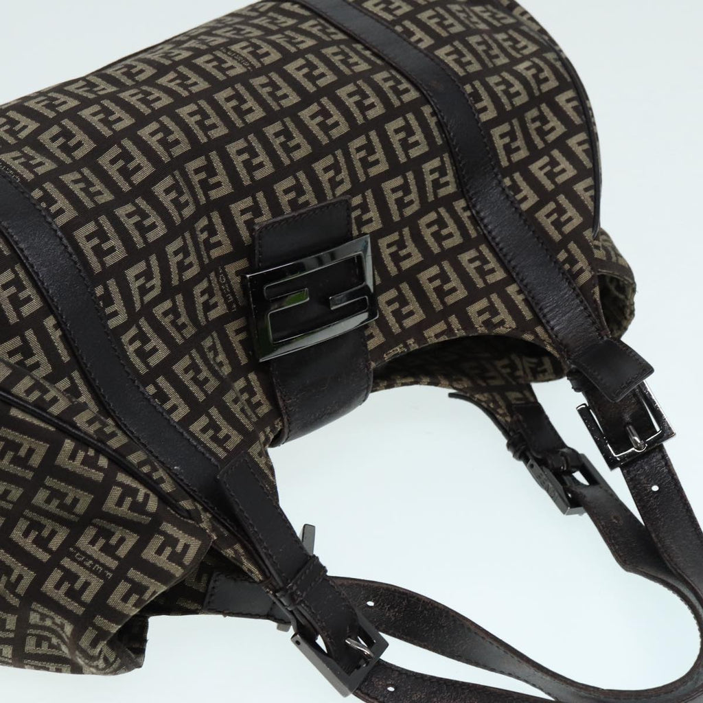 FENDI Zucchino Canvas Mamma Shoulder Bag Brown Black Silver86710