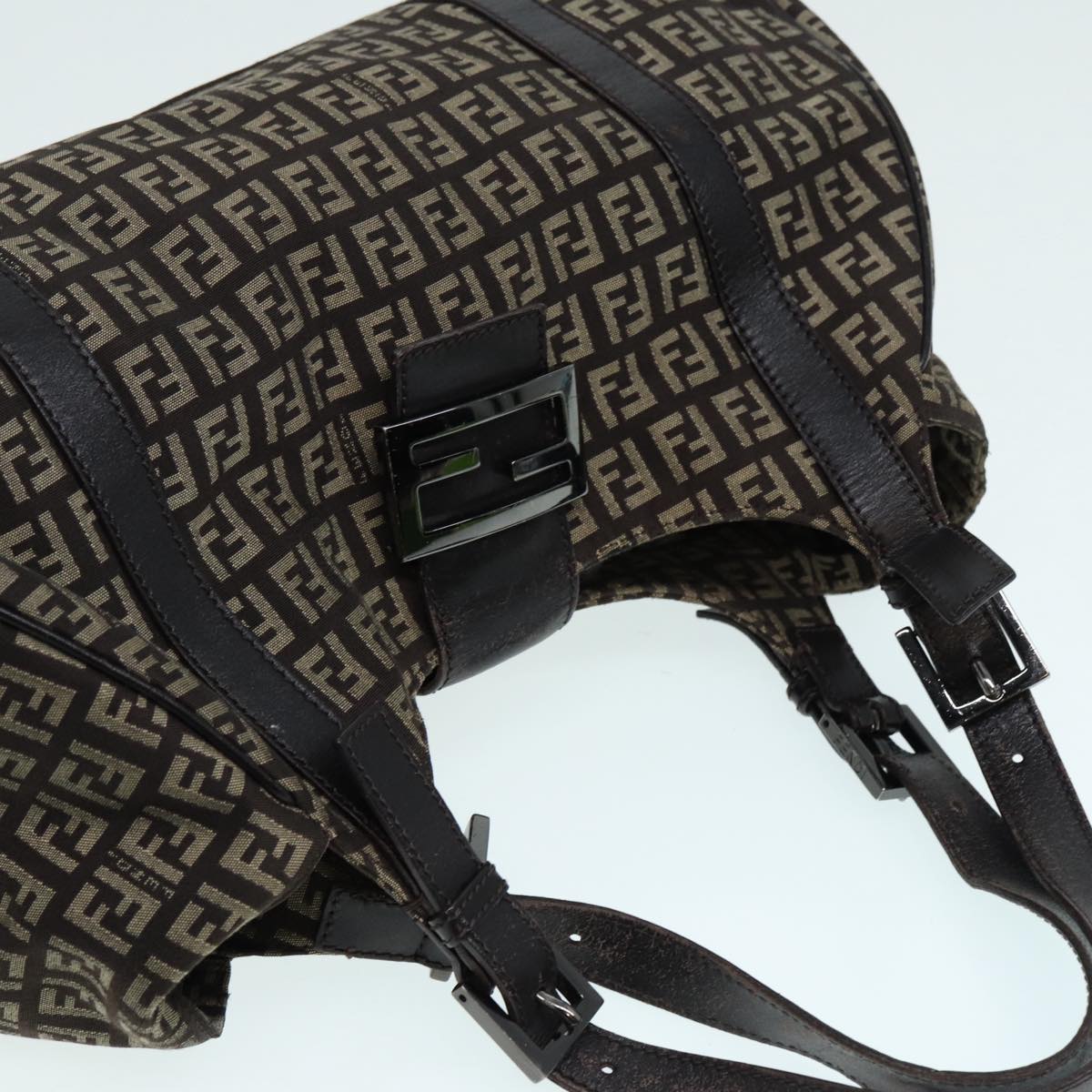 FENDI Zucchino Canvas Mamma Shoulder Bag Brown Black Silver86710