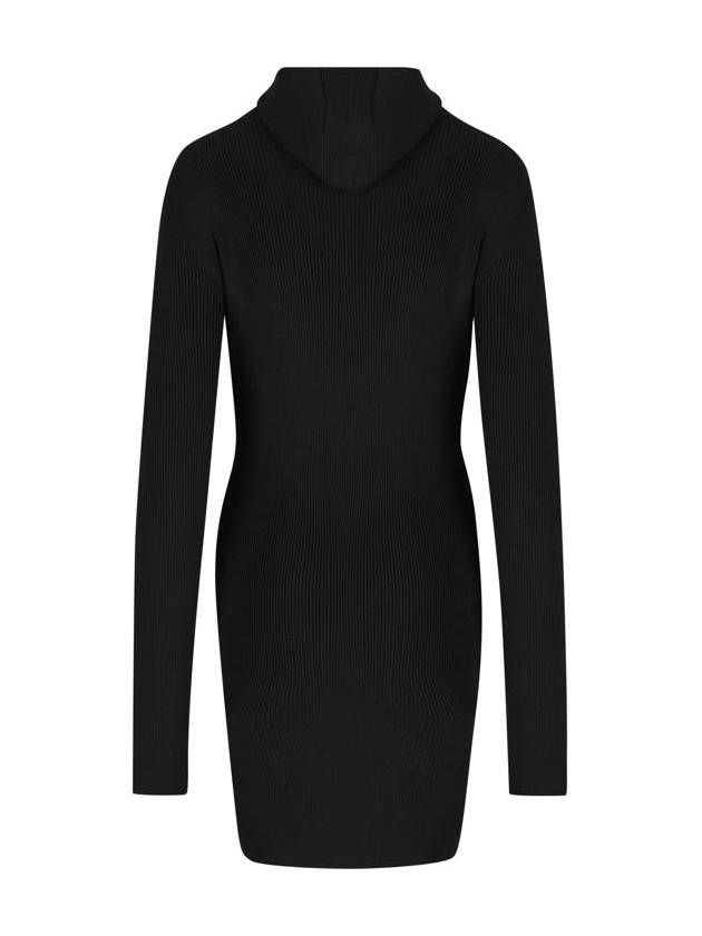 Fendi Long Sleeve Hooded Wool Silk Short Dress Black