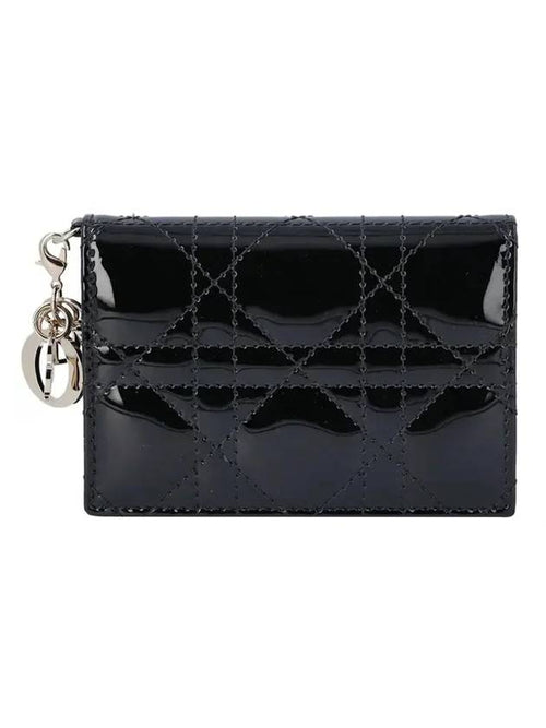 Lady Cannage Patent Calfskin Flap Card Wallet Black Dior