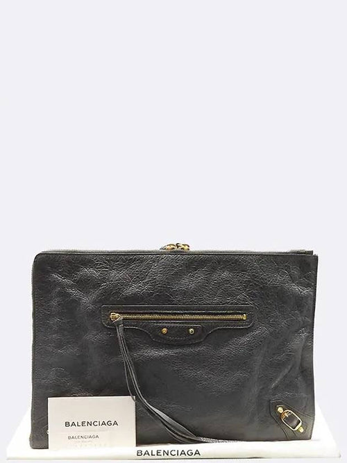 Balenciaga 362967 Gray leather classic motor gold zip up decoration clutch bag