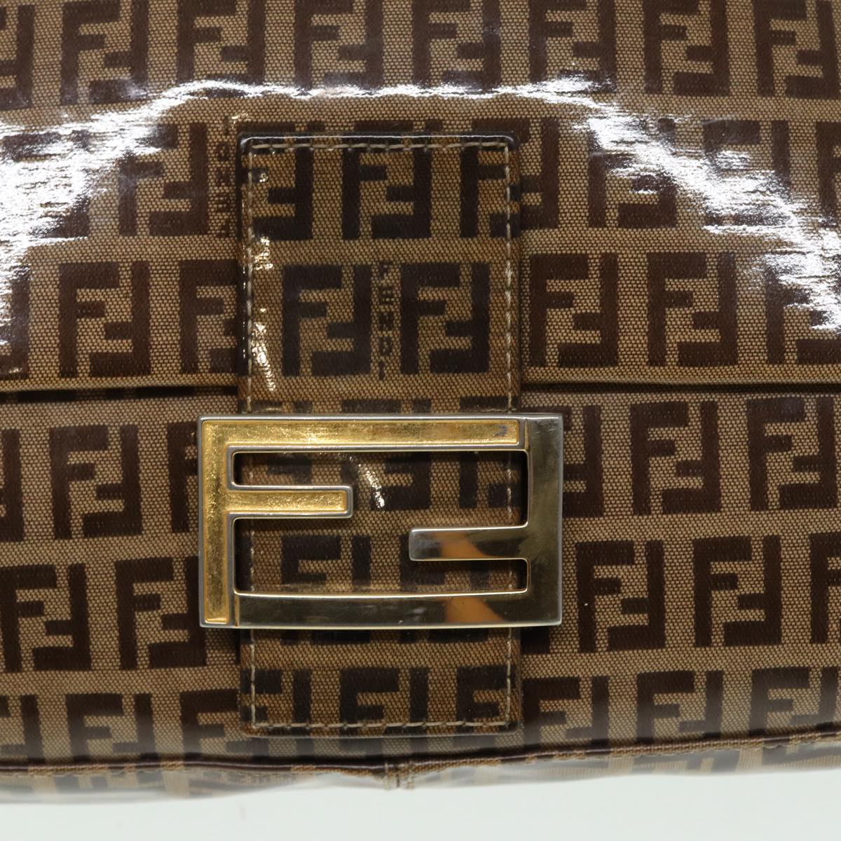 FENDI Zucchino Canvas Mamma Baguette Shoulder Bag Gold Beige86941