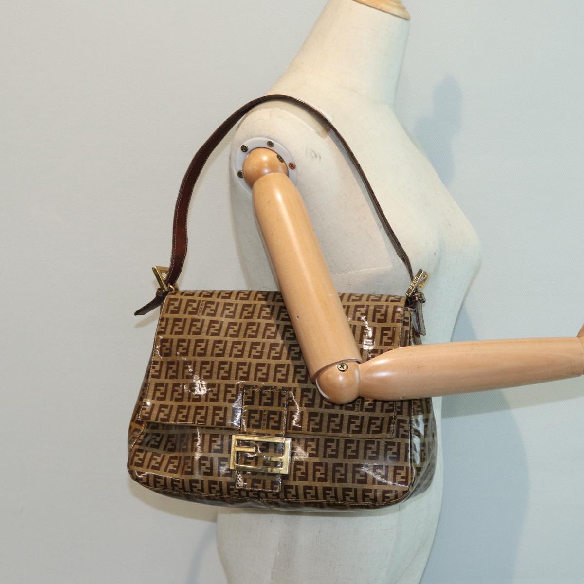 FENDI Zucchino Canvas Mamma Baguette Shoulder Bag Gold Beige86941