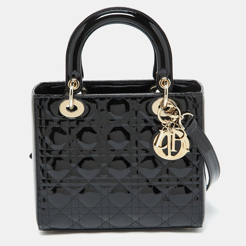 Dior Black Cannage Patent Leather Medium Lady Tote