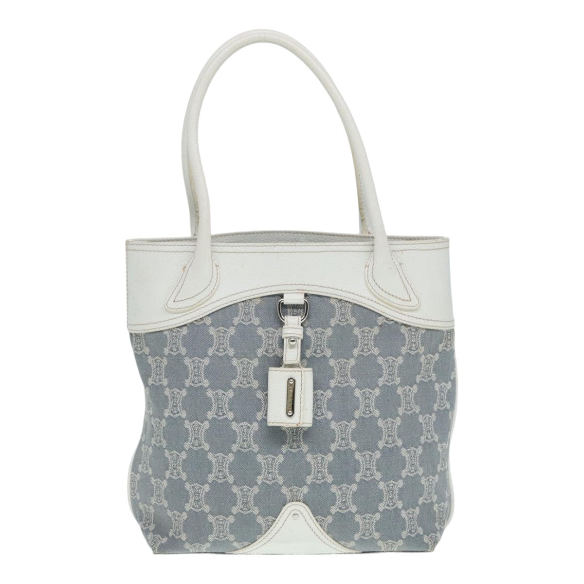 CELINE Paris Macadam Canvas Tote Bag Leather Blue White Silver Auth 87066
