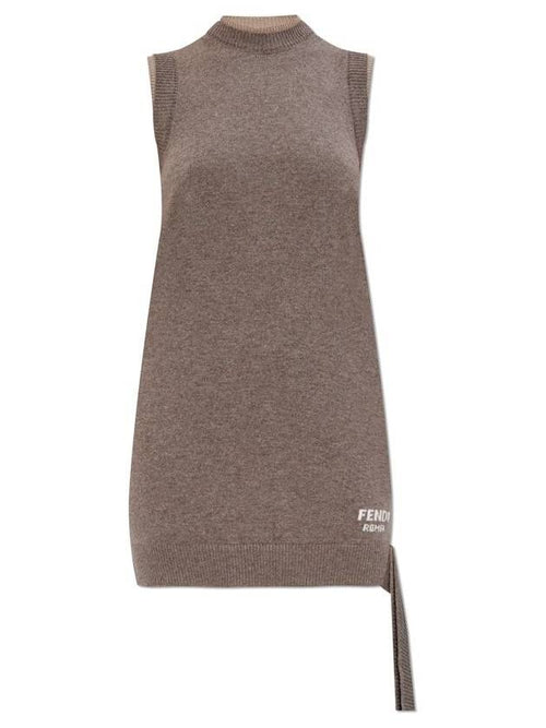 Fendi Logo Intarsia Sleeveless Wool Short Dress Grey