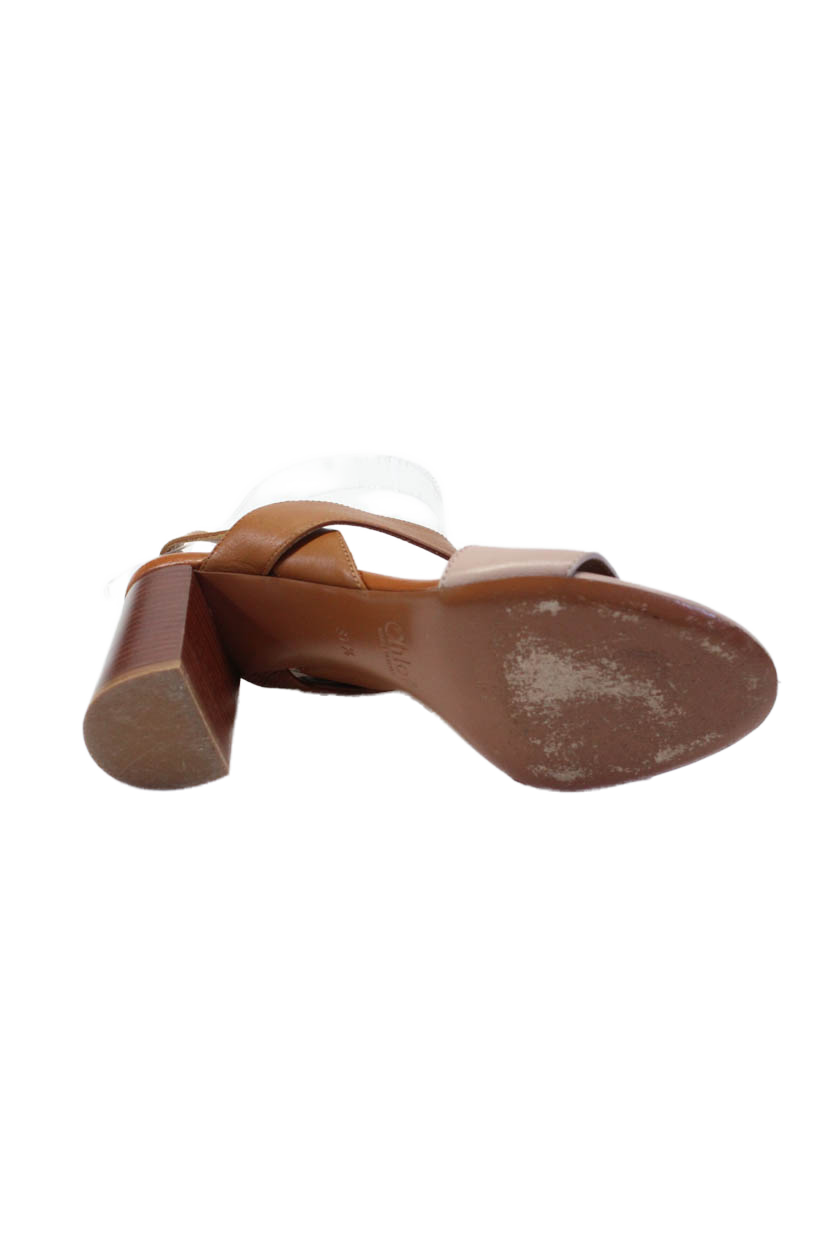 Chloe Women's Open Toe Block Heels Sling Back Leather Sandals Brown