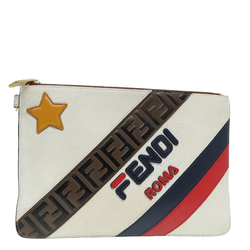 FENDI FILA Collaboration Clutch Bag Leather Beige Gold87366