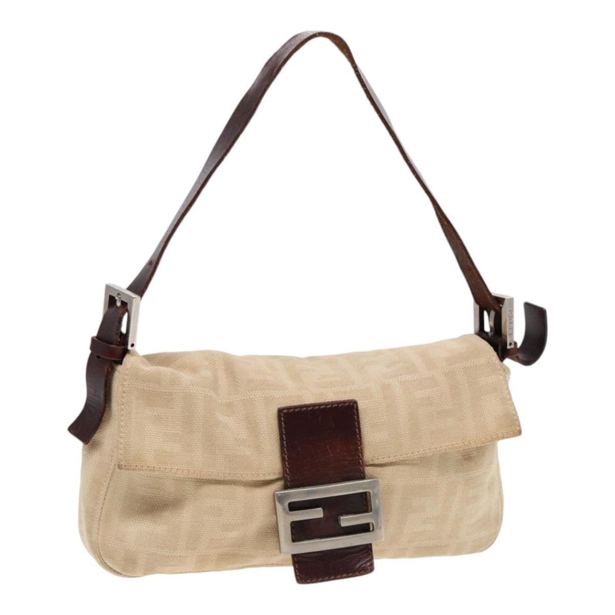 FENDI Zucca Canvas Mamma Baguette Shoulder Bag Beige Brown Silver87743