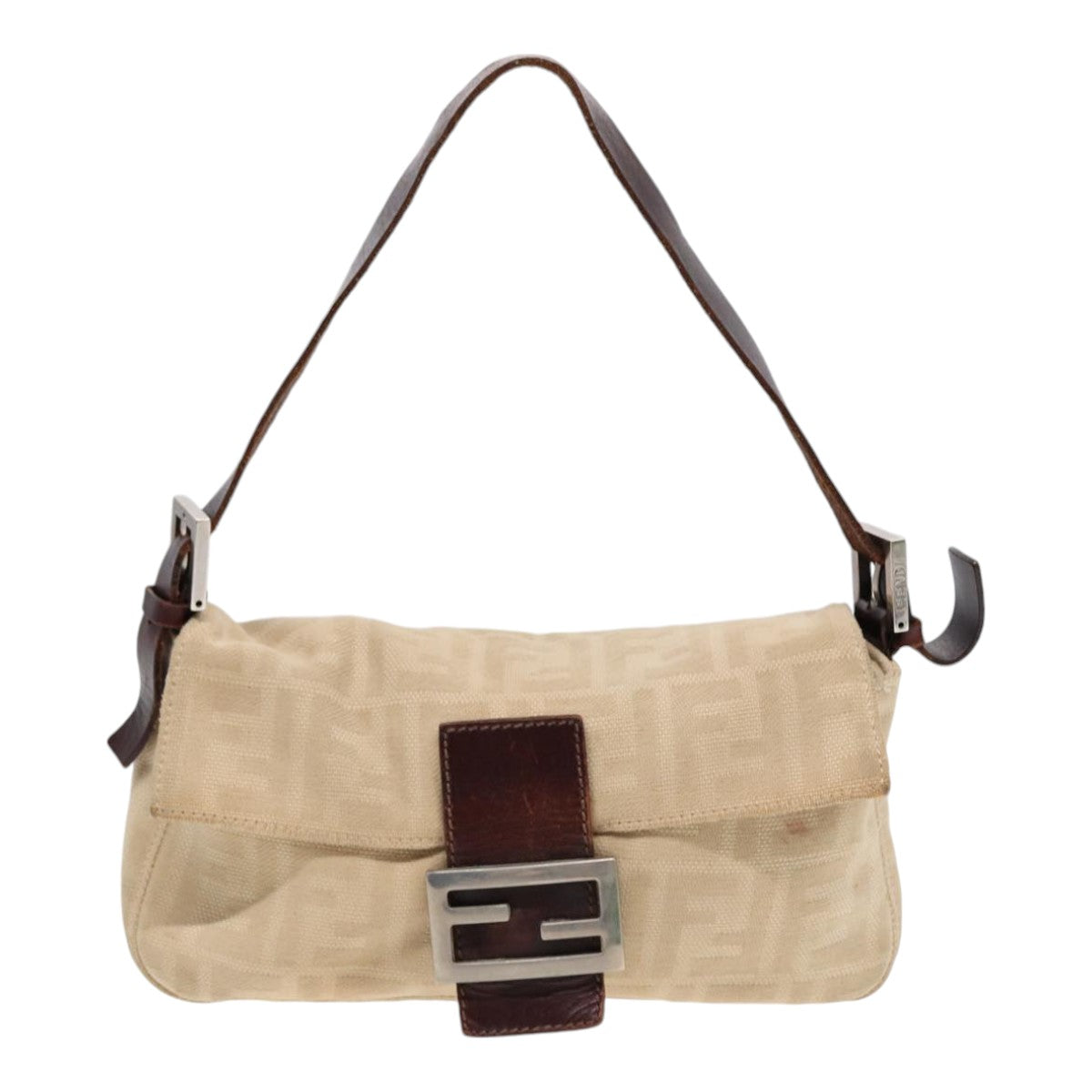 FENDI Zucca Canvas Mamma Baguette Shoulder Bag Beige Brown Silver87743