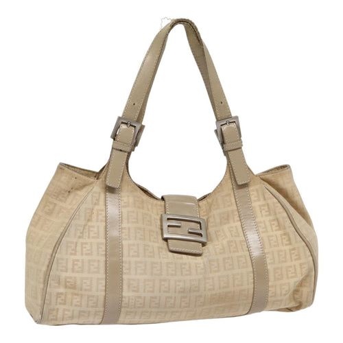 FENDI Zucchino Canvas Shoulder Bag Silver Beige87811