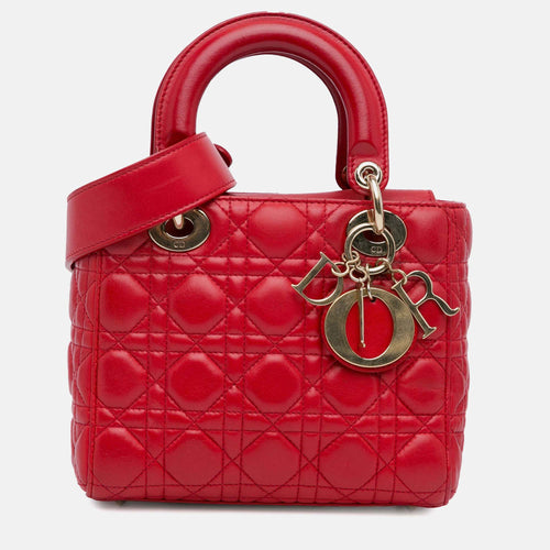 Dior Red Lambskin Leather Small Cannage Lucky Badges My Lady Shoulder Bag