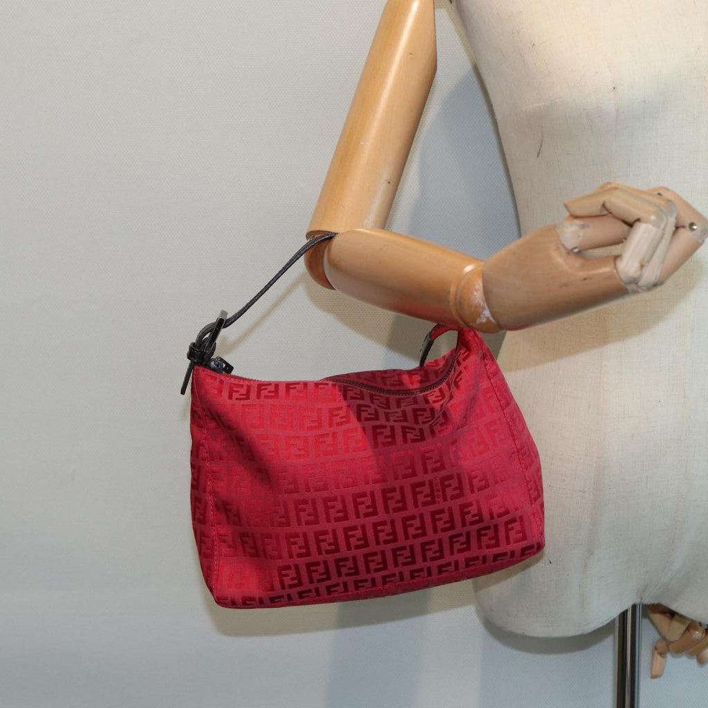 FENDI Zucchino Canvas Hand Bag Red Silver88077