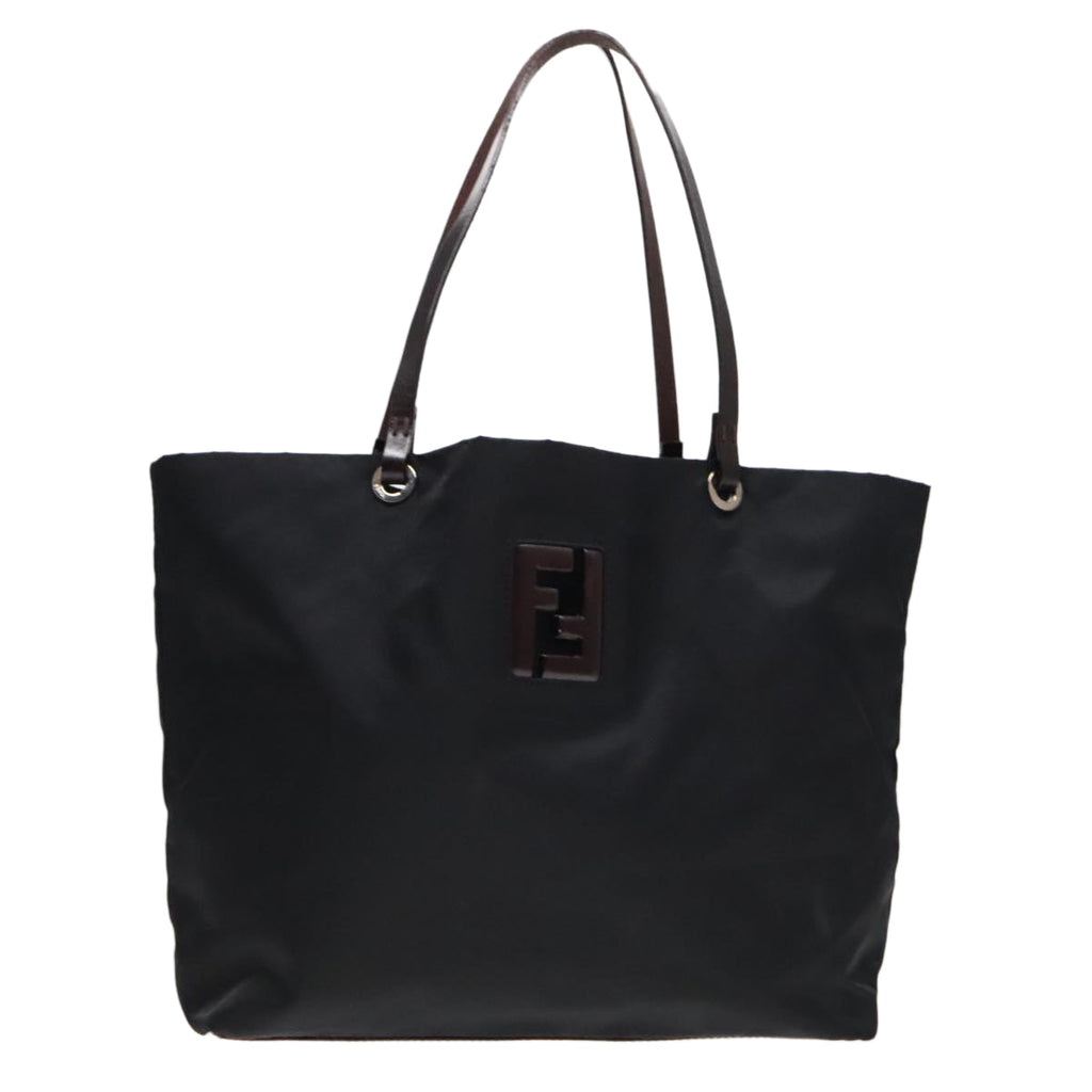 FENDI Tote Bag Nylon Leather Black Dark Brown Silver88189