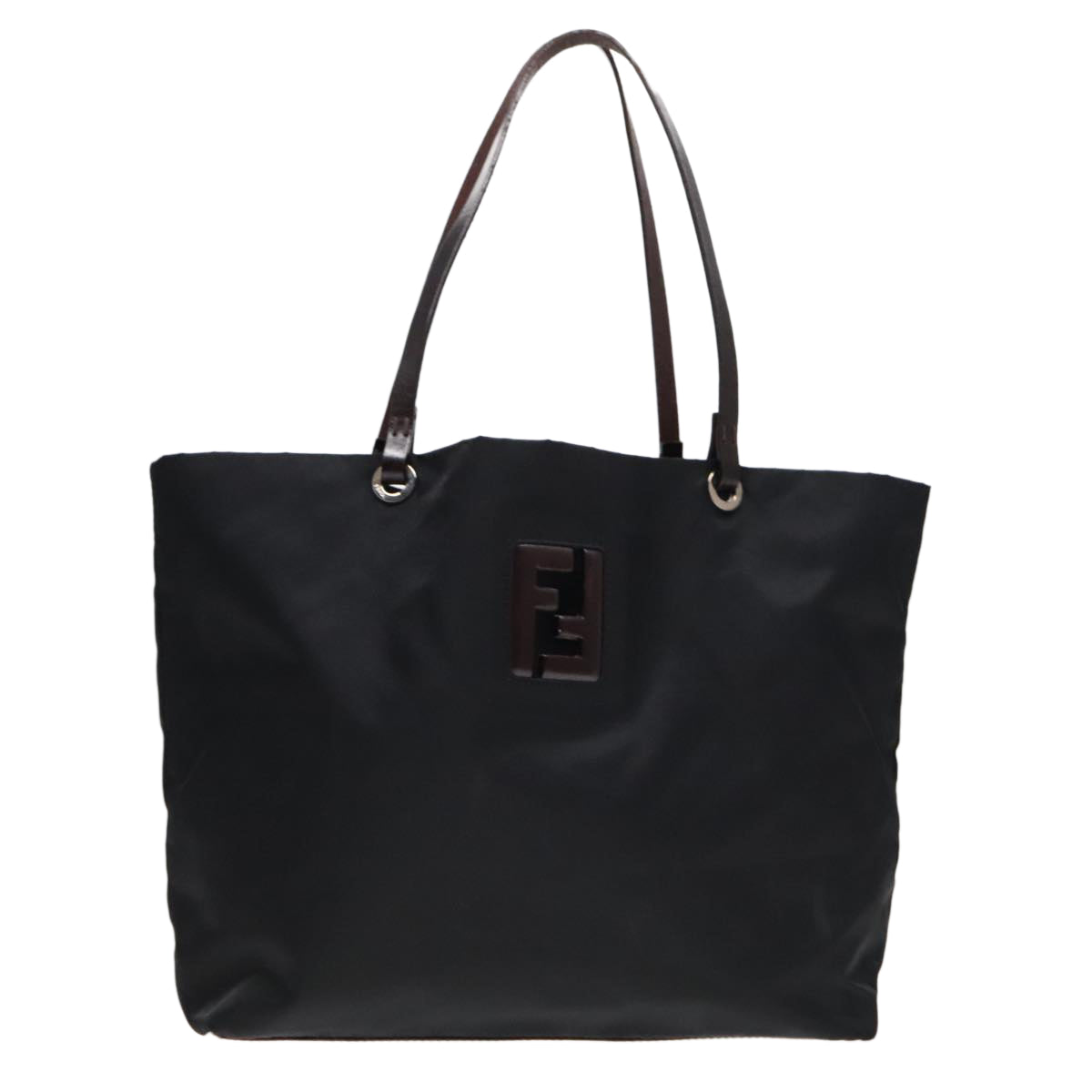 FENDI Tote Bag Nylon Leather Black Dark Brown Silver88189