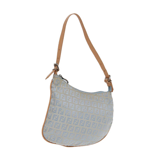 FENDI Zucchino Canvas Shoulder Bag Light Blue Silver88411