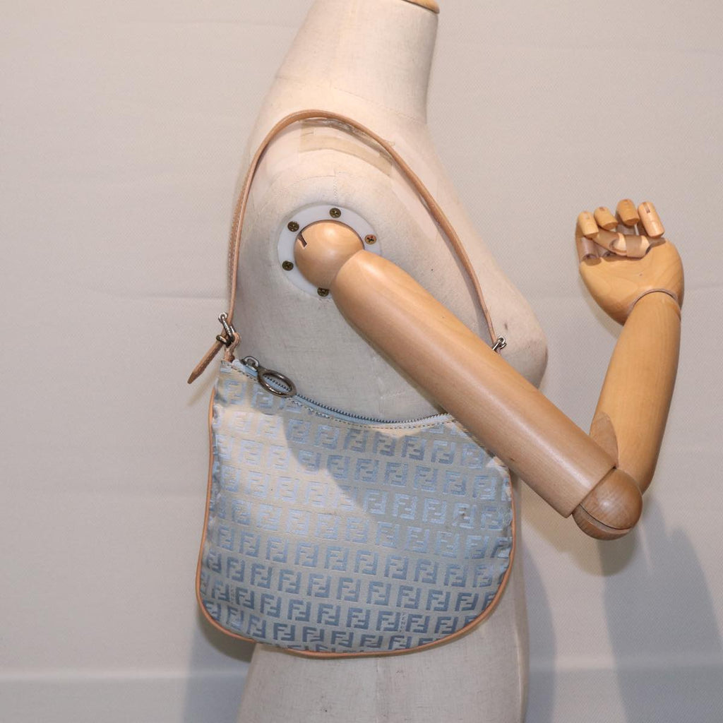 FENDI Zucchino Canvas Shoulder Bag Light Blue Silver88411