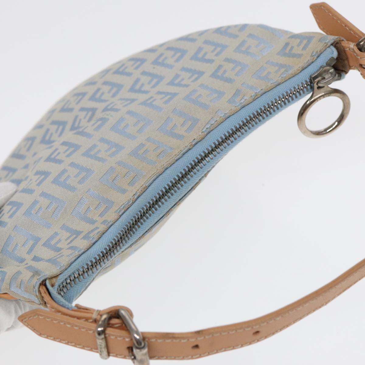 FENDI Zucchino Canvas Shoulder Bag Light Blue Silver88411