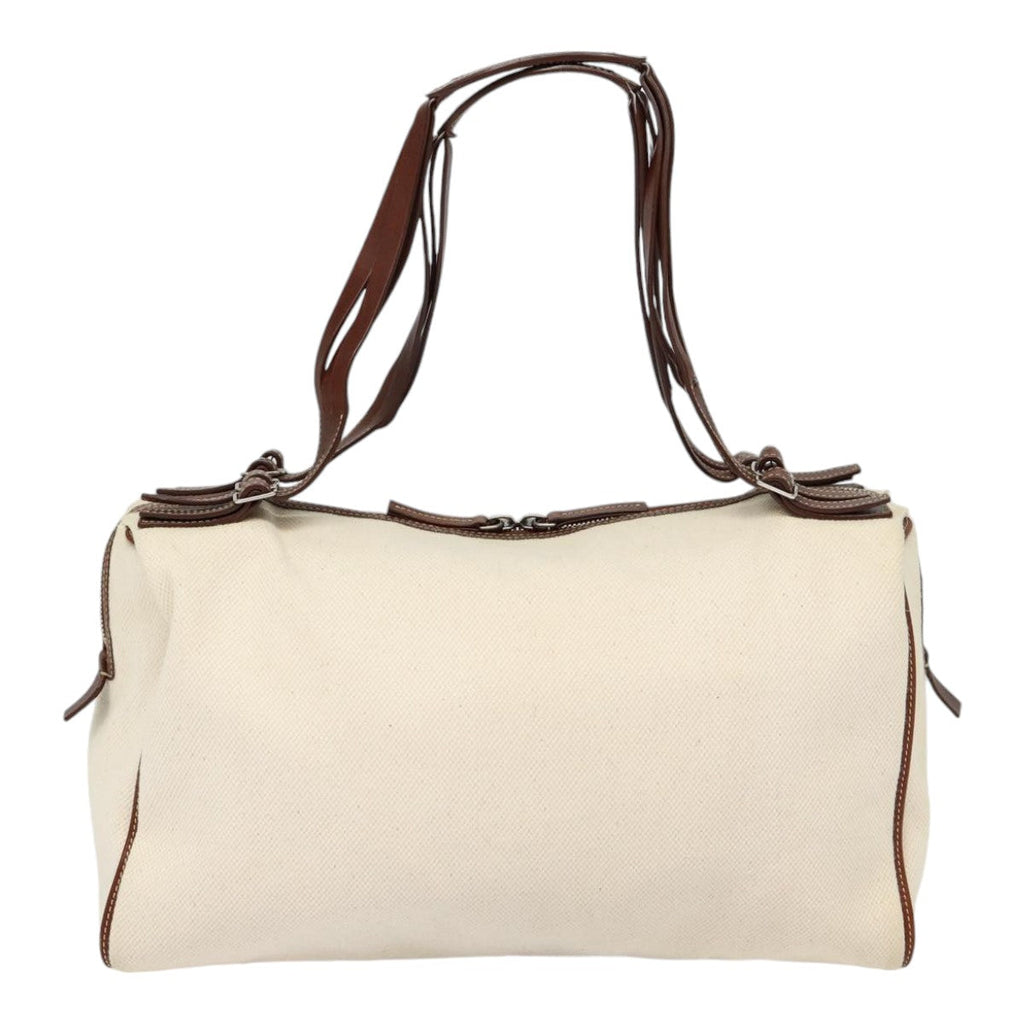 CELINE Boston Bag Canvas White Silver Auth 88479