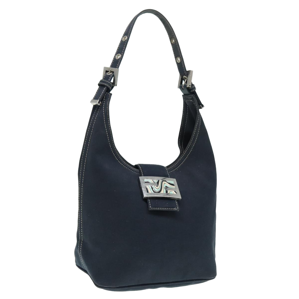 FENDI Mamma Baguette Shoulder Bag Canvas Navy Silver88583