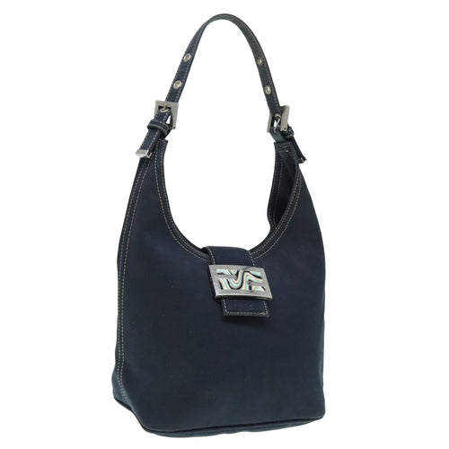 FENDI Mamma Baguette Shoulder Bag Canvas Navy Silver88583