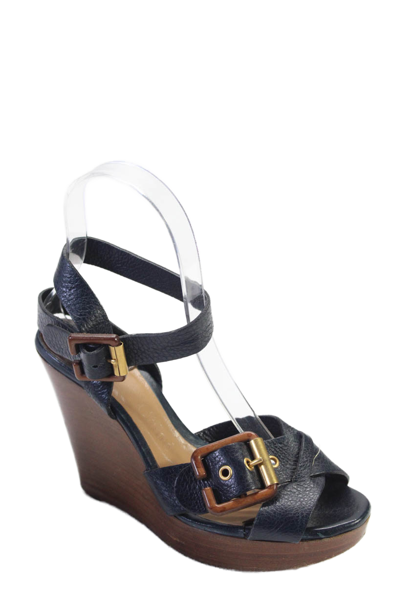 Chloe Womens Leather Peep Toe Strappy Buckle Closure Wedges Black
