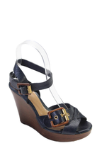 Chloe Womens Leather Peep Toe Strappy Buckle Closure Wedges Black
