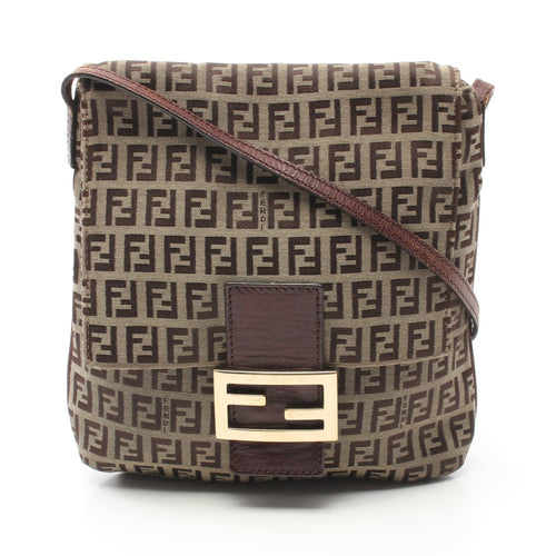 FENDI Zucchino Shoulder bag Canvas Leather Beige Dark brown