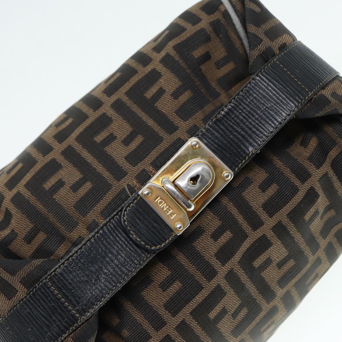 FENDI Zucca Canvas Vanity Hand Bag Brown Black gold89547