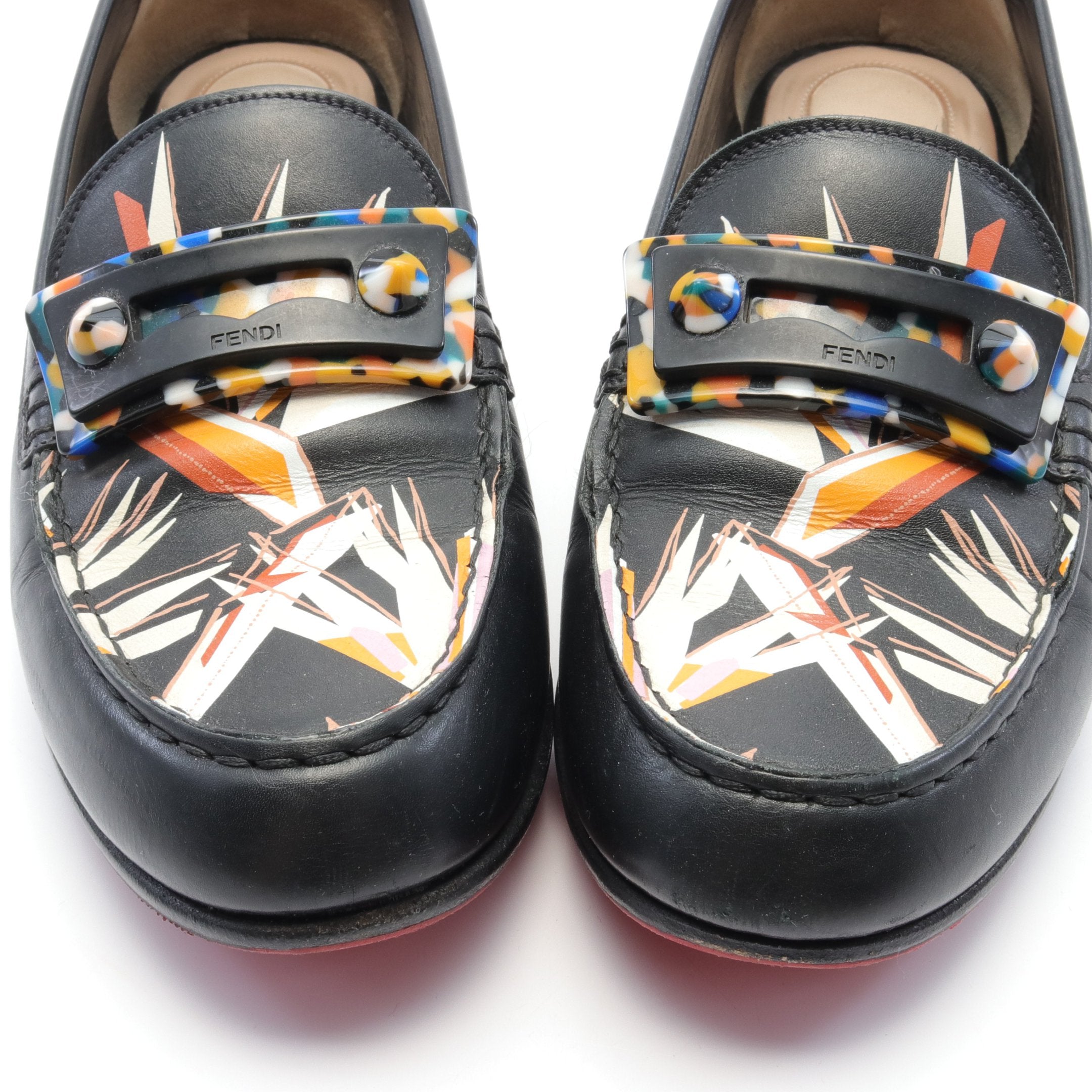 FENDI Loafers Floral pattern Leather Black Multicolor