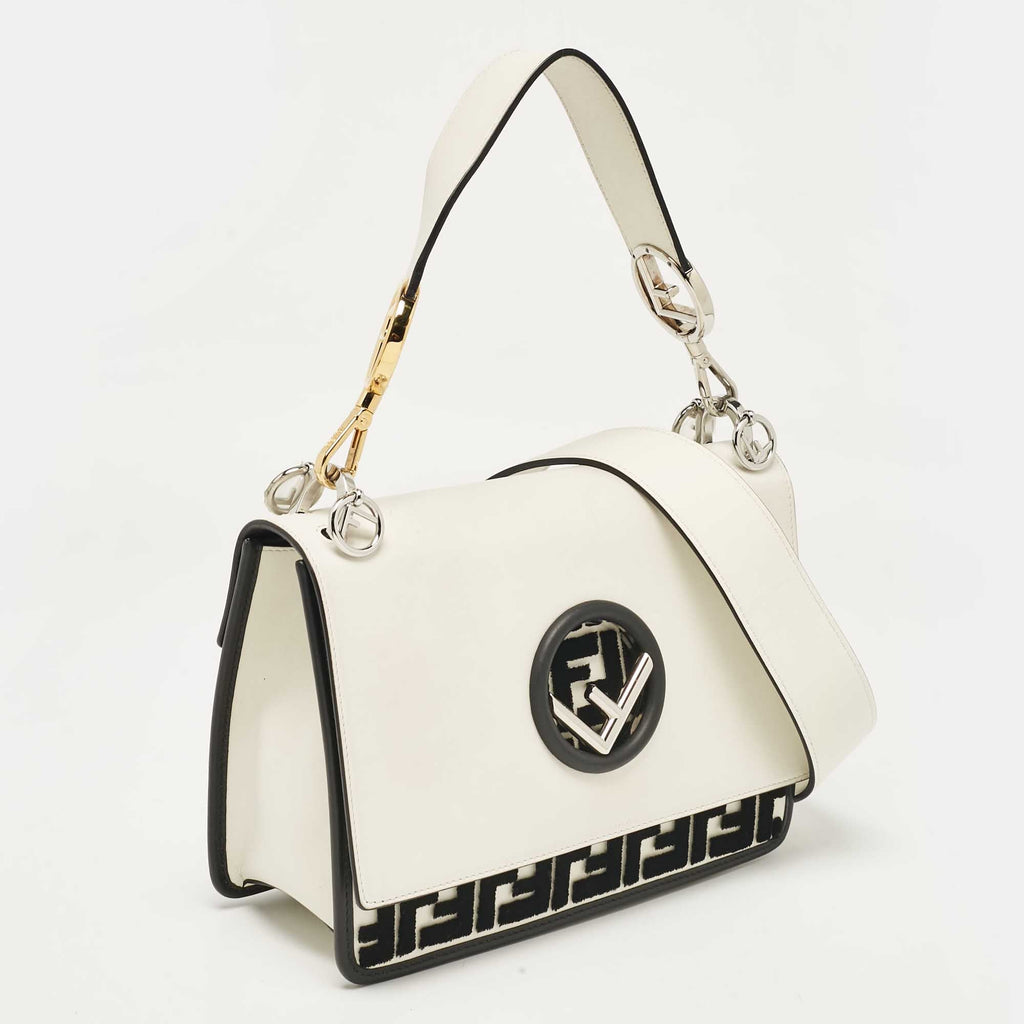 Fendi White/black Zucca Velvet And Leather Kan I F Logo Top Handle Bag