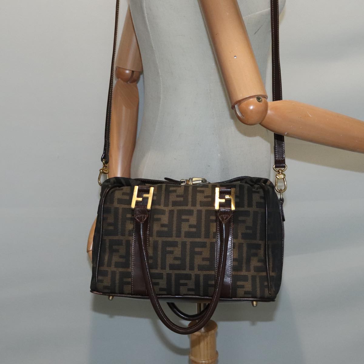 FENDI Zucca Canvas Hand Bag 2way Brown Black gold89813