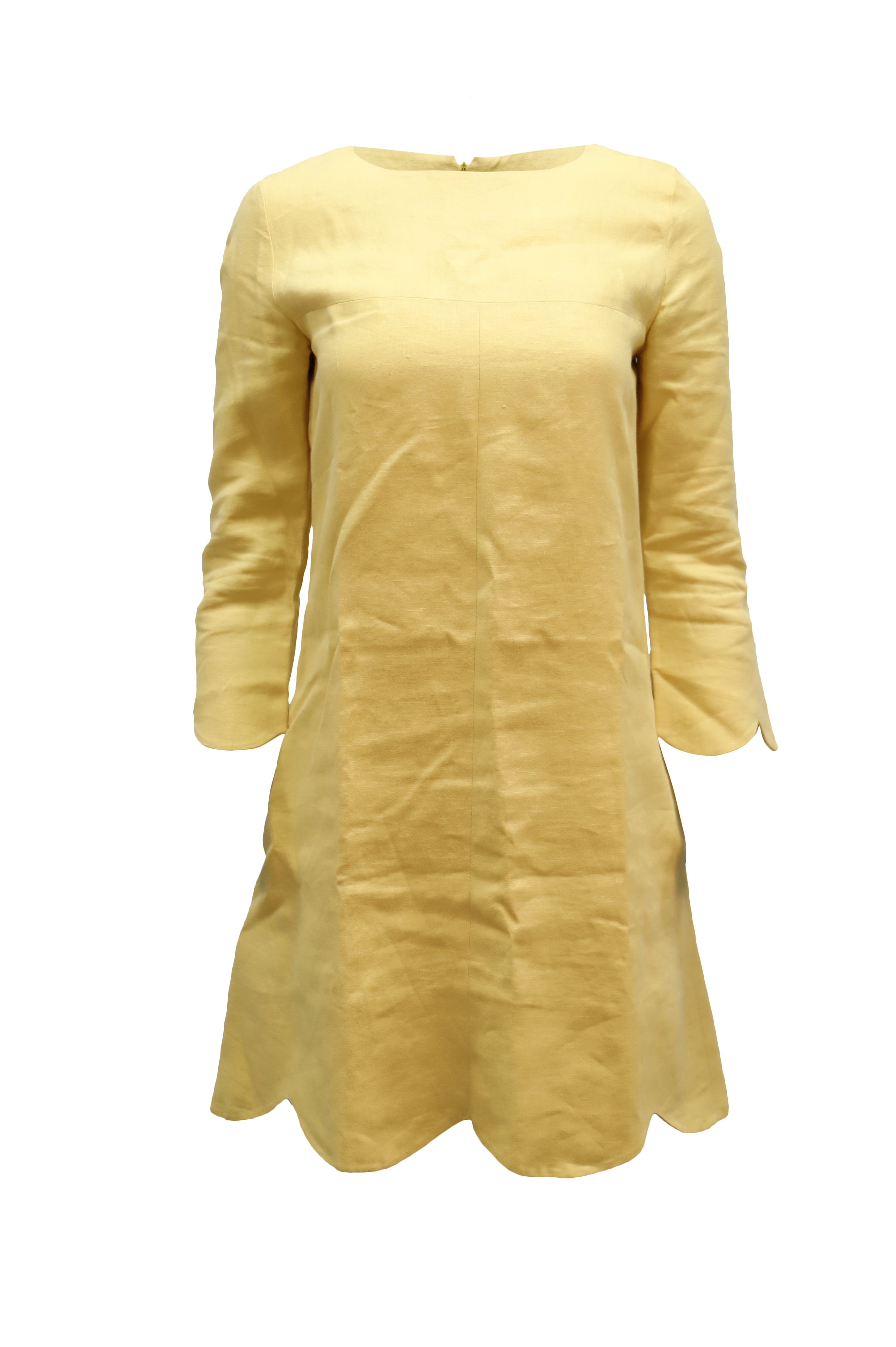 Chloe Scalloped Hem Shift Dress in Yellow Linen