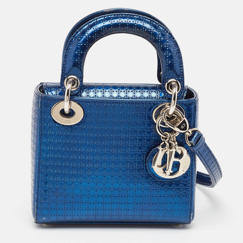 Dior Metallic Blue Microcannage Patent Leather Mini Lady Tote
