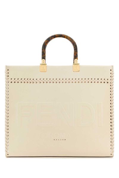 FENDI SUNSHINE MEDIUM TOTE BAG, RAFFIA & TAN LEATHER.