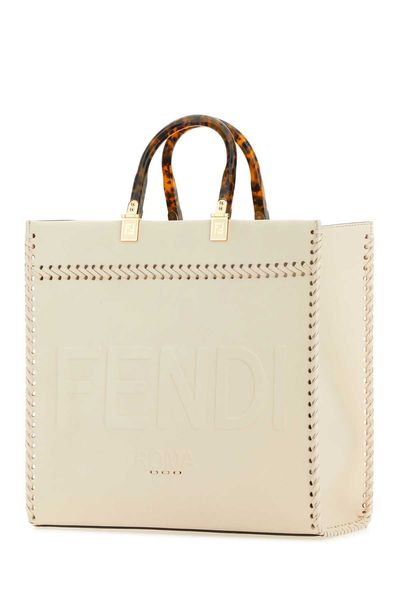 FENDI SUNSHINE MEDIUM TOTE BAG, RAFFIA & TAN LEATHER.