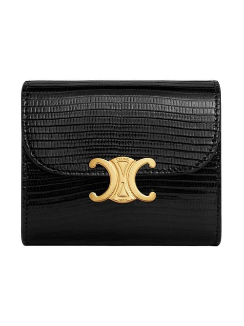 CELINE Triomphe Small Flap Lizard Half Wallet Black