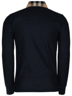 Burberry Check Collar Cotton Pique Long Sleeve Polo Shirt Smoke Navy