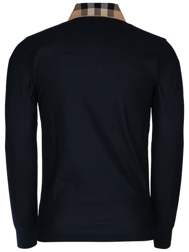 Burberry Check Collar Cotton Pique Long Sleeve Polo Shirt Smoke Navy